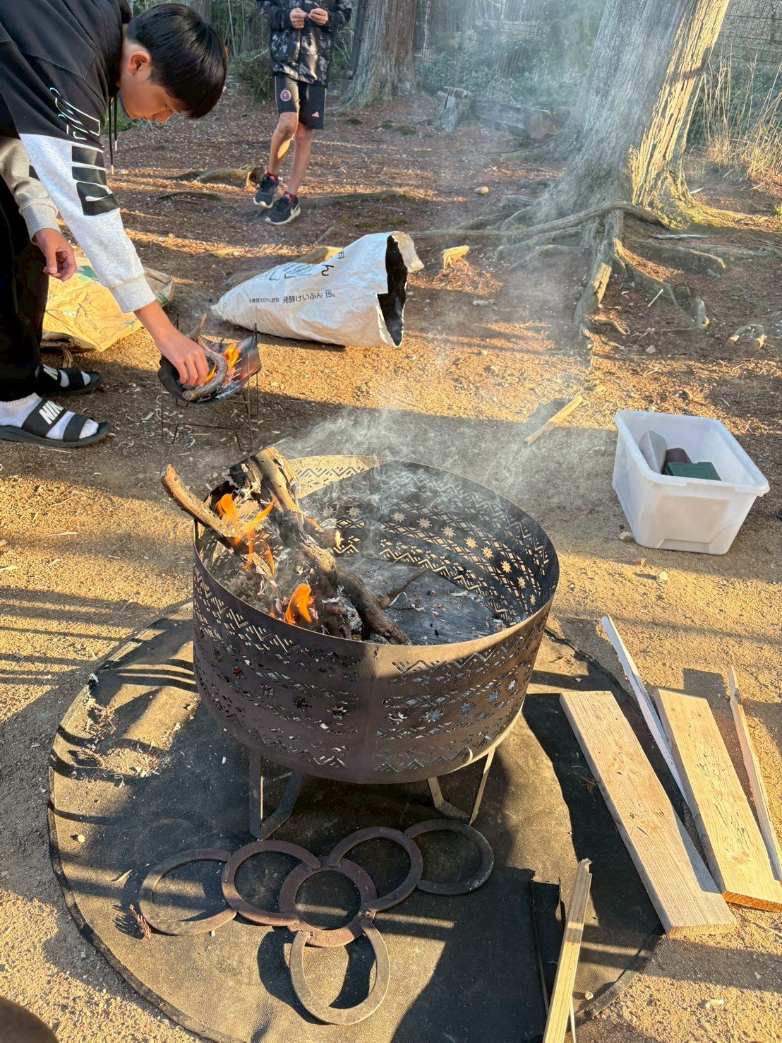 鍛造ペグとハンマーをキャンプ場に並べた様子